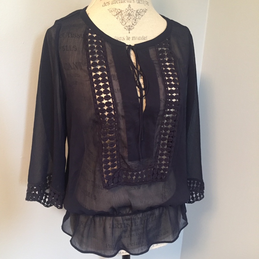 Charming Charlie Sheer Blouse , Ornate Navy w bow